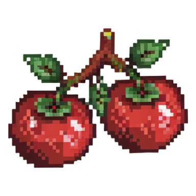 Pixel art of two red cherries on a brown branch with green leaves sticker