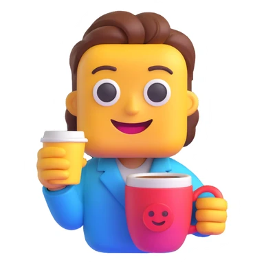 Transform the character into a UI designer in the same 3D emoji style. Surround her with colorful UI elements such as buttons, sliders, and windows, while maintaining her friendly expression and coffee cup. sticker