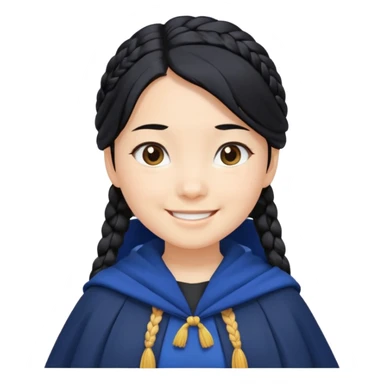braid black hair, white asian girl, dark blue cloak, happy smaile sticker