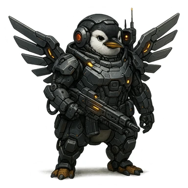 a penguin as a space soldier and cyborg, armored suit, robotic wings, high-tech gadgets sticker