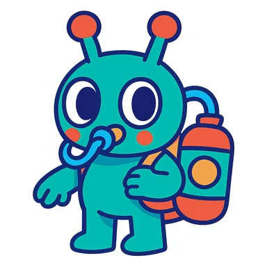 cartoon alien with an oxygen tank, cute proportions, vibrant colors, whimsical design sticker