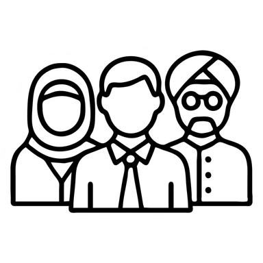 A professional team with visible cultural diversity, including traditional clothing and accessories, outlined icon style sticker