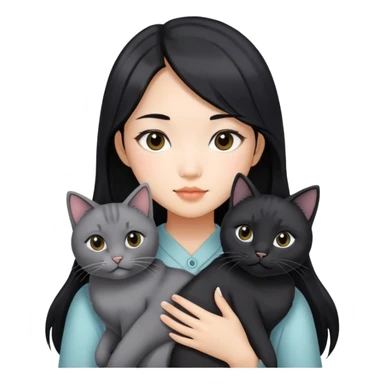An Asian girl with medium long black hair with grey highlights, holding two black cats  sticker
