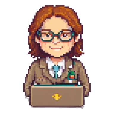 8-bit pixel art icon of a recruiter Mega Man style with glasses holding a laptop smiling sticker