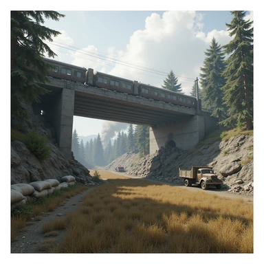  a screenshot of a location in a videogame  the image of the scene consists of:  [above-ground train freeway partially collapsed], a wooded area, a small field of wheat, sandbag barricades. distant smoke. uneven terrain, derelict vintage work trucks, more distant smoke. polluted and war-torn sticker