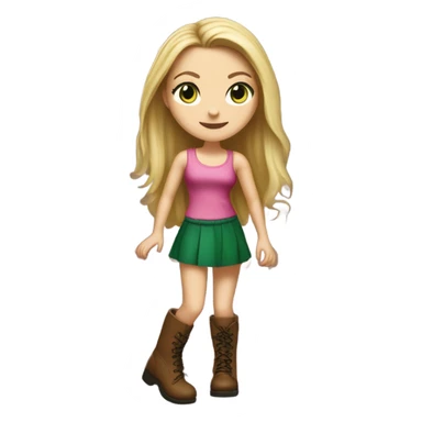 Realistic White girl with Long straight blonde hair, green eyes, tattoos, full body wearing pink dress and Brown knee-high leather boots, dancing sticker