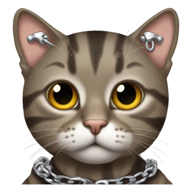 Brown tabby cat with an emo band shirt and a silver chains sticker