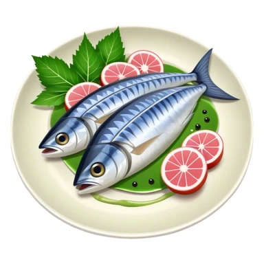 mackerel sashimi on a plate with shiso leaf and wasabi sticker