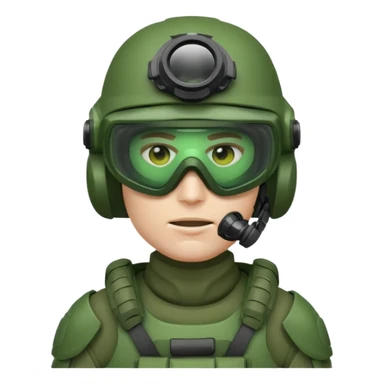 white-skinned male modern soldier with green advanced armor, ultra-modern tactical helmet with night vision goggles, face mask, cool and brutal, emoji style sticker