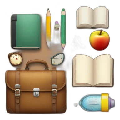 School things in a briefcase. Books, notebooks, pencil case sticker