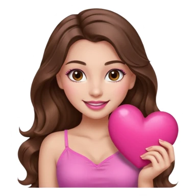 girl with long wavy brown hair, brown eyes, long lashes makeup, sexy pink lips, light to medium complexion, wearing a pink sexy top, smiling, holding a big heart sticker