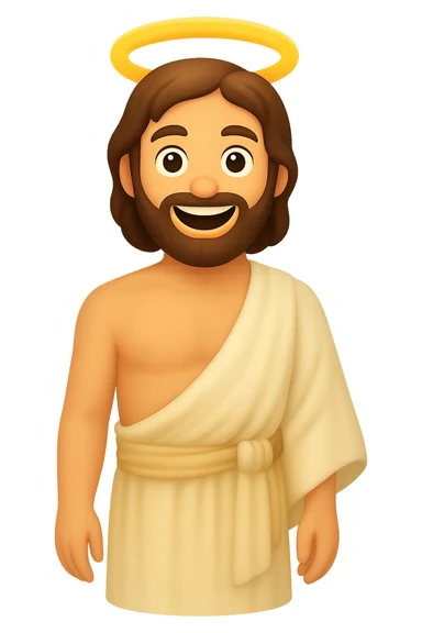 Create a portrait mode image of Apostle Peter in classic emoji style with lighter colors. He should be shirtless with plain robes, an expressive face, smiling, a halo, and no background. Focus on a classic emoji look with simplified features and lighter color palette. sticker