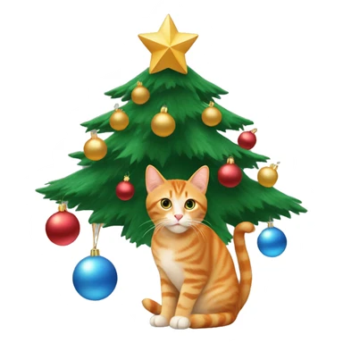 a Christmas tree with baubles and a ginger cat underneath sticker