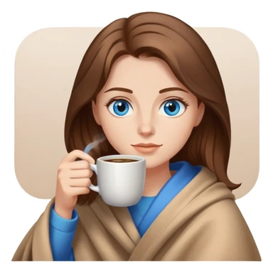 Brown hair with blue eyes lady wearing light brown blanket drinking coffee  sticker