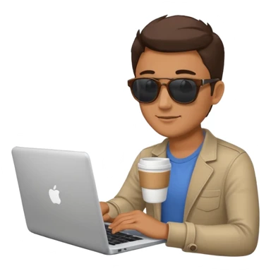 man wearing sunglasses holding a coffee cup and working on a laptop sticker
