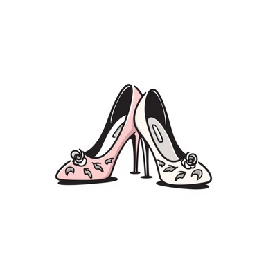 a pair of women's high heel shoes with elegant details, pastel colors dd9fb0, ffc6d3, a3bfc9, c4bee2, f1b091, detailed hand-drawn doodle style sticker