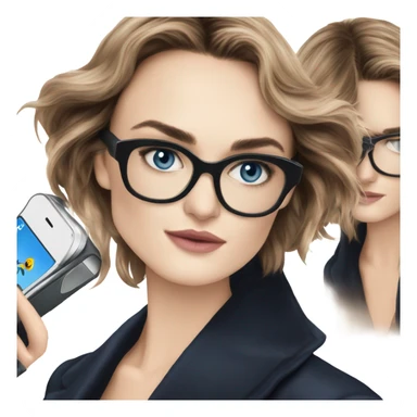 Photo of elegant Keira Knightly wearing black glasses and blue eyes holding on phone  sticker