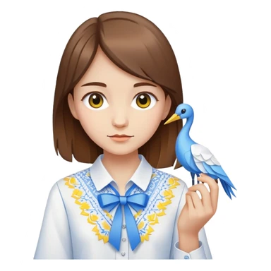 Ukrainian young girl with brown hair wearing a white embroidered shirt holds an origami yellow-blue crane sticker