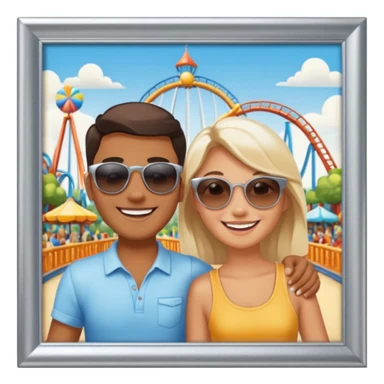 a photo in a silver frame, of 2 friends in a theme park sticker