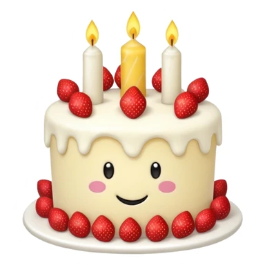 Jellycat vanilla cake with white frostting and strawberries on top with one candle with smiley face sticker