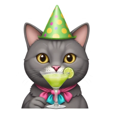 An old, dark grey cat is wearing a party hat, and drinking a margarita. sticker