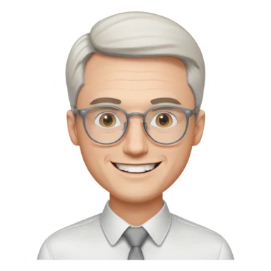 30 yr old pale white man, white/grey side swept stylish hair, round glasses, big smile, white teeth, handsome, longer hair, thin glasses, white dress shirt, smooth forehead, botox sticker