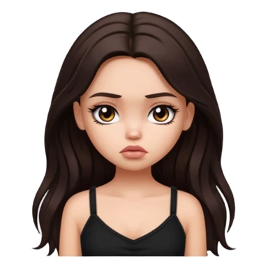 generate a pretty fair bratz girl with long dark brown hair looking sad. Wearing a black cami sticker