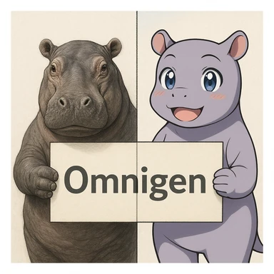 two hippo holding sign of omnigen, half picture 1 hippo is realistic another half is the anime of that same second hippo, with before after mark sticker