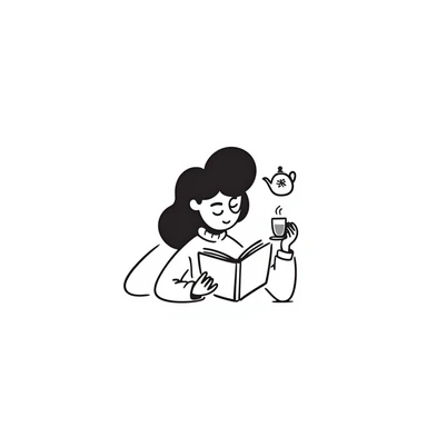 A person comfortably reading a book with a cup of tea nearby sticker