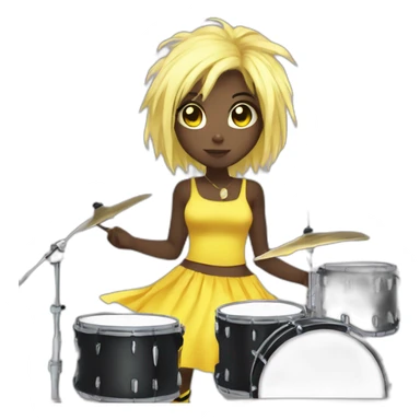 cute punk girl in yellow dress dark skin with yellow eyes and dark curvy hairs drummer anime style sticker