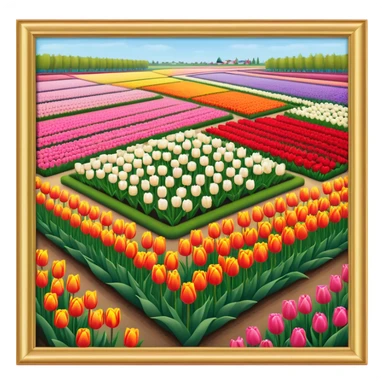 Cinematic Realistic Keukenhof Gardens Landmark Emoji, showcasing expansive tulip fields rendered with crisp, lifelike detail and radiant lighting. sticker