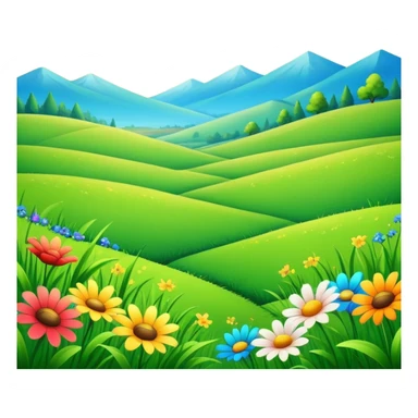 sunny landscape with green grass, blue sky, and colorful flowers sticker