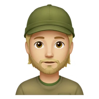 Apple emoji style young man with light skin, long blond hair, short stubble beard, dark eyes, olive green cap, friendly expression, clean shapes and soft gradients. sticker