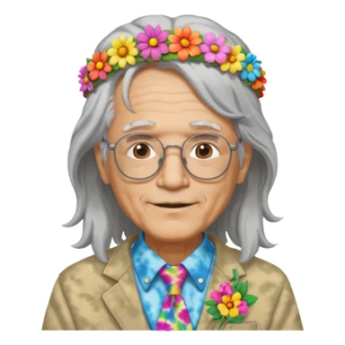 elderly man with long grey hair, glasses, peace sign necklace, tie-dye clothing, flower crown sticker