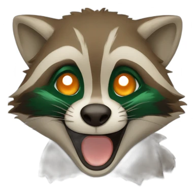 brown raccoon with orange eyes and a dark green hood that is laughing sticker