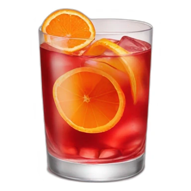 A Negroni Cocktail, red tumbler glass with orange slice sticker