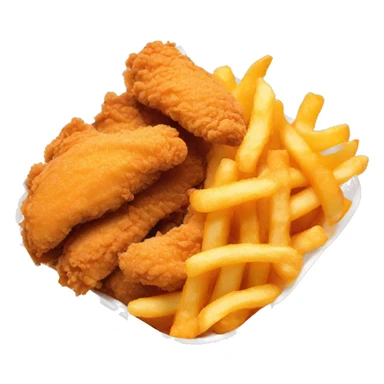 3 chicken tenders with crinkle fries and orange sauce on the side in a styrofoam container sticker