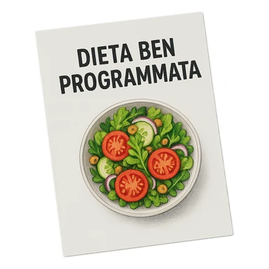 hyperrealistic 4K top view of a white sheet of paper with an illustrated bowl of salad and the text 'DIETA BEN PROGRAMMATA', no background sticker