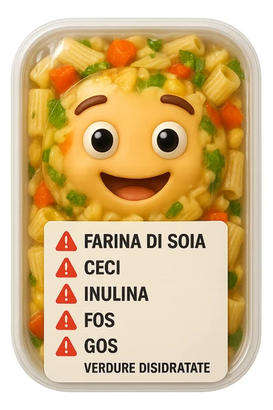 SU QUESTO STILE FAI UN EMOJI STILE IPHONE 3D DI UN insalata di pasta precotta preconfezionata con ETICHETTA CON GLI INGREDIENTI SCRITTI, "farina di soia, ceci, inulina, FOS, GOS, verdure disidratate" accanto ad ogni nome scritto mettici un segnale di allarme, FALLO MOLTO REALISTICO IN 3D sticker
