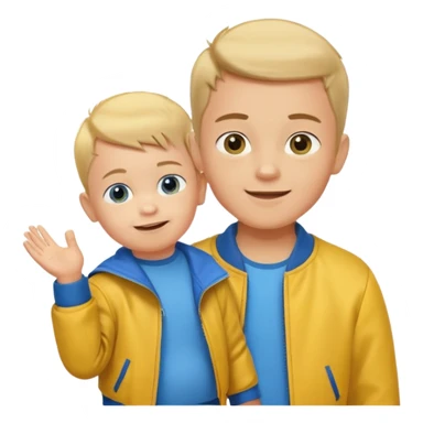 boy with baby hair cut shrugging his shoulder, wearing yellow jacket and smile sticker