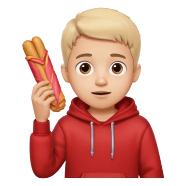 ute funny Spanish cartoon boy named Peque Tito, red hoodie, denim shorts, big expressive eyes, holding a churro, Pixar-style, viral character.” sticker