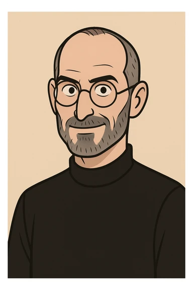 minimalist style portrait of Steve Jobs with iconic black turtleneck and round glasses sticker