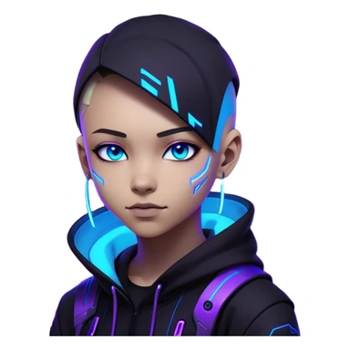 "A highly detailed futuristic digital avatar of a young graphic designer. Cyberpunk-inspired, wearing a sleek black hoodie with neon blue and purple accents. The character has sharp features, a confident smirk, and glowing eyes (one blue, one purple). The background is dark with abstract lighting, giving a professional and mysterious vibe. The art style is a mix of ultra-realistic and sci-fi digital painting, high resolution sticker