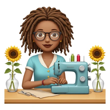 African American woman, flawless medium skin tone, glasses, rosey cheeks, full lips, natural chin length  brown dread locks, sitting at sewing machine, and a vase of sunflowers, slightly grinning as she sews, still life, 3D render, colorful highly detailed, 4k, no emoji icons, no emoji faces sticker
