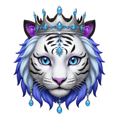 ESO Female white/black tiger khajiit leader of the umbral rose, glowing blue eyes, glowing blue 'third eye' gem, black beaded dreadlocks; silver crown/tiara with purple gems sticker