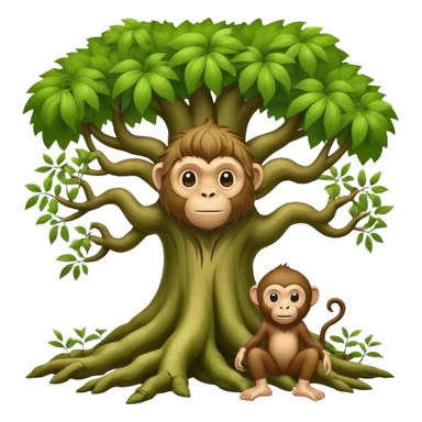 Whimsical tree giant with monkey face, leafy hair, root limbs, and giant bare feet in a forest. sticker