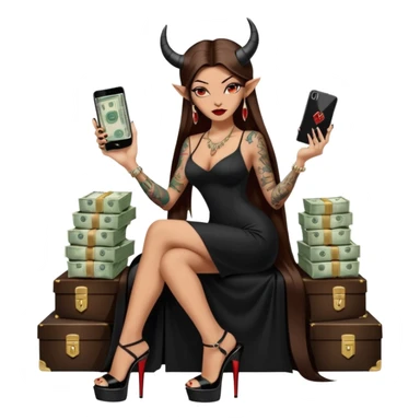 Sensual queen long brown straight haired mafia woman with black shiny platform high heels on her feet,  and black devil horns on her head, tattoos on arms , holding a stack of cash, has a phone in other hand. Sitting on a large big new model F350 pickup truck  long black dress with  slit sticker
