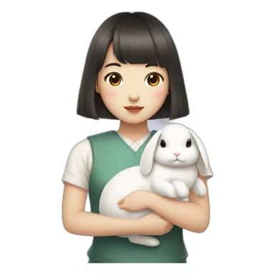 korean girl with bangs holding white rabbit sticker