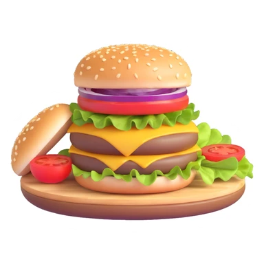 burger emoji with halved bun, salad, pickle, onion, tomato cutlet, sauce, cheese, halved bun sticker