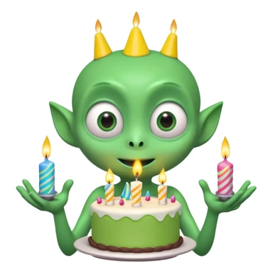 A cute friendly alien holding a birthday cake with candles, big expressive eyes, bright colors, cartoon style, playful atmosphere, 3D animated look, Pixar-inspired, highly detailed
 sticker